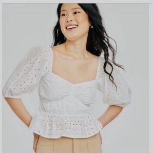 NWT A New Day Women’s White Peplum Eyelet Puff Sleeves Top. Size XL